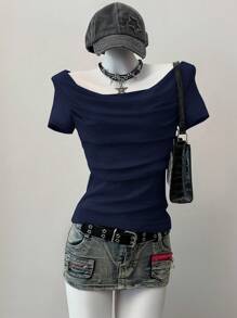 SHEIN EZwear Top court à manches courtes ajusté en tricot pour femmes, bleu marine