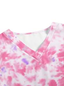 Tie-Dye Print V-Neck Short Sleeve Pocket /Nursing Scrub Uniform Top - Pink - View 3