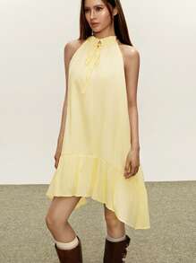 INAWLY Women Elegant Solid Color Halter Neck Summer Dress - Yellow - View 6