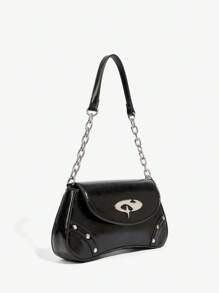 SHEIN ICON 女士单肩包，流浪包，时尚，个性，简约，百搭，街头风，甜美酷炫女孩，辣妹，Y2K，复古，复古，金属链条 - 黑色 - 查看 3