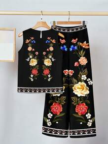 SHEIN Clasi 两件套热带花卉印花无袖衬衫+直筒裤，女士度假休闲套装，适合夏季穿着。夏季女装两件套，女士服装，夏季女装两件套，适合外出穿着。 - 彩色 - 查看 2