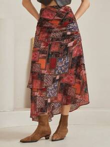 Dazy-Less Bohemian Geometric Print Ruffle Detail Skirt For Women, Summer - Red - View 3