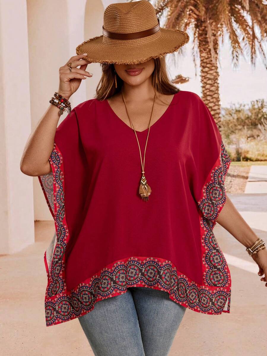 EMERY ROSE Plus Size V-Neck Topy Top,Country Casual Vacation Woman,Simple And Fashionable For Everyday Wear,Summer,Vacation Woman,Going Out Topy Tops,Country Concert,Cute Summer Tops,Western Wear - Red - View 1