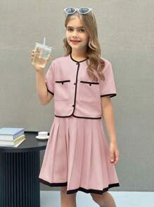SHEIN Nova Glow Tween 女童梭织拼色短袖上衣和褶皱迷你裙优雅两件套 - 淺粉色 - 查看 4