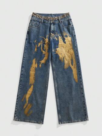 Street Life Jeans de pierna ancha para hombre con doble cinturilla y bolsillos