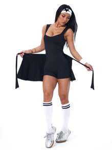 Dewbera 女士纯色交叉后背镂空无袖运动迷你连衣裙 - 黑色 - 查看 4