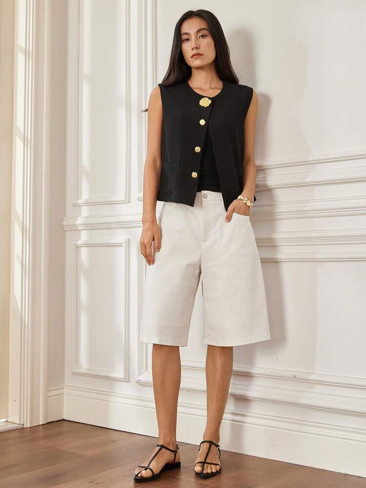 Women's Elegant Button Decor Business Casual Shirt With Split Design, Short Sleeve, Summer Office Wear