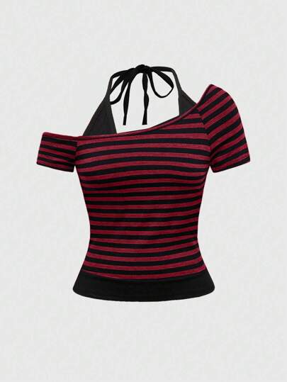 Grunge Punk T-shirt streetwear pour femmes Y2K avec rayures, couleurs contrastées, encolure ras-du-cou et nœud papillon