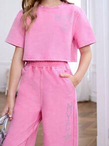 Conjunto de dos piezas de mezclilla para niñas preadolescentes - Rosa - Ver 4