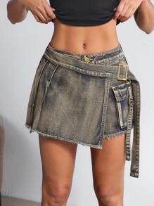 SHEIN Tall 女士做旧牛仔裹身工装短裤 - 藍色 - 查看 9