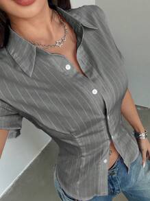 SHEIN Unity 修身简约粉色条纹办公室女士短袖衬衫