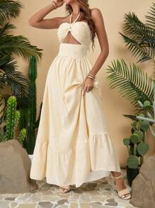 Travachic Vestido de verano casual de mujer con cuello de halter, volante en el bajo y rayas