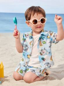 SEALOOK X SHEIN Bộ quần áo thun polo cổ bẻ màu xanh mát mẻ và quần short họa tiết hải cẩu và cây dừa cho bé trai mùa hè - Màu xanh lam - Xem 4