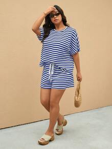 Elaquor Plus Size 2 Pieces Set Striped Short Sleeve Round Neck T-Shirt And Shorts, Fashionable For Summer,Business Casual Woman