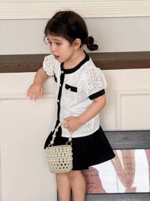 SHEIN Baby Girl Lace Single-Breasted Puff Sleeve Top And Pleated Mini Skirt Set - Black and White - View 6
