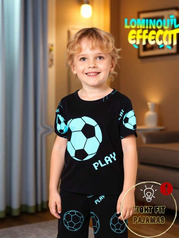 2pcs Young Boys Pajama Set, Tight Fit Sleepwear With Glow-In-The-Dark Starry Sky Print, Football & "PLAY" Text Print Shorts And Short Sleeve Top, Stretchy & Comfortable Fit, Suitable For Summer