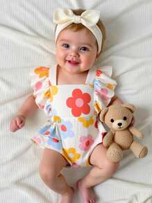 Cozy Pixies Pelele de manga corta con cuello cuadrado y estampado floral para recién nacida