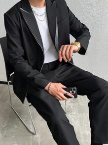 Calvornis 男士双层立领西装套装，高端商务休闲夹克和裤子，男士穿着厚领单扣西装外套和裤子套装，双领设计更显格调和层次感，适合日常通勤商务、聚会和宴会。这款裤子是男士衣橱中不可或缺的单品，也是送给男朋友或老公的绝佳礼物。 - 黑色 - 查看 5