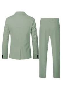 Calvornis 男士纯色翻领长袖西装外套和裤子商务套装 - 綠色 - 查看 3