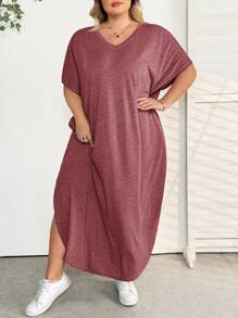 SHEIN CURVE+ 大码女装春夏新款时尚通勤休闲口袋设计分体睡袍 - 鏽棕色 - 查看 5