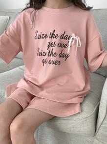 DAZY 青少年女孩标语印花落肩 T 恤和休闲迷你裙两件套，女孩夏季服装，返校服装 - 粉色 - 查看 6