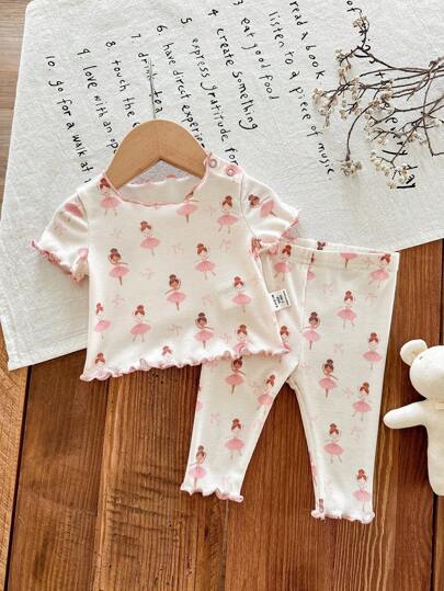 SHEIN LMoss Kids 2pcs/Set Newborn Baby Girl Cute Cartoon Design Ruffled Collar Short Sleeve Top And Long Pants Knitted Soft & Skin-Friendly Pajama Set