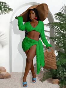 Slaydiva 2025 Summer New Music Festival, Easter, Western, Nomadic, St. Patrick's Day, Birthday Party, Graduation, Student Wear, Daily Casual, Vacation, Cruise Travel, Beach, Sunbathing, Fashionable White Women 2pcs Set With Tie Strap Texture Curvy Two Piece Set Green Two Piece Set Resort Wear Curve Beach Skirt Set Curve Swimsuit Cover Up