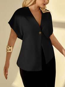 Auralis Plus Size Summer Easter Business Casual Woman Elegant Commuting Going Out Tops Office Work Church Airport Easter Curve Old Money Style Solid Color Bat Sleeve Single-Button Thin Blazer