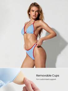 GLOWMODE Glow Up Quick Dry Chlorine Resistant Removable Cups Colorblock Trim Halter Gingham Triangle Bikini Top Swimming Beach Pool Vacation Resort Travel Summer Wear
