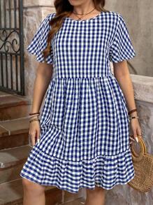 SHEIN LUNE Plus Size Summer Casual Plaid Ruffle Hem Short Sleeve Dress,Sun Dresses For Women - Navy Blue - View 3