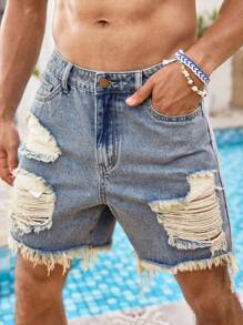 Manfinity BRENVOR 男士夏季休闲做旧水洗牛仔短裤，Emo 风格 - 藍色 - 查看 4