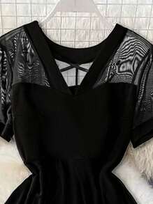 DreamSkyne 大码女式高低下摆撞色网眼短袖优雅连衣裙