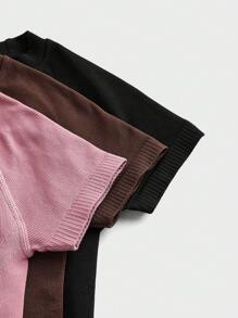 Easithlete 3 piezas Camiseta deportiva de manga corta, cuello redondo, unicolor, ajustada a la piel, sin costuras, adecuada para entrenamiento de verano, parte superior de yoga, camiseta ajustada, camisetas de gimnasio para mujeres - Multicolor - Ver 7