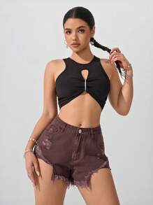 SHEIN EZwear 女式口袋做旧磨边休闲百搭牛仔短裤 - 咖啡棕 - 查看 3