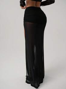 SHEIN ICON 女式高开叉黑色网眼褶饰腰性感度假金属装饰短裙