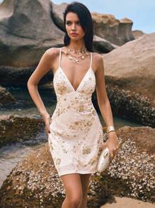 Poéselle 女士花卉亮片深 V 领细肩带迷你连衣裙 - 杏色 - 查看 5