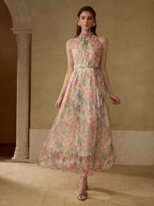 MOTF PREMIUM Kleid mit Allover-Muster und Gürtel