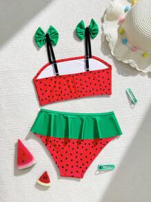 Young Girl Watermelon Print Ruffled Swimsuit Set - Multicolor - View 2