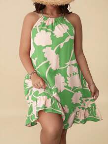 Travachic Plus Floral Print Ruffle Hem Halter Summer Dress - Green - View 1