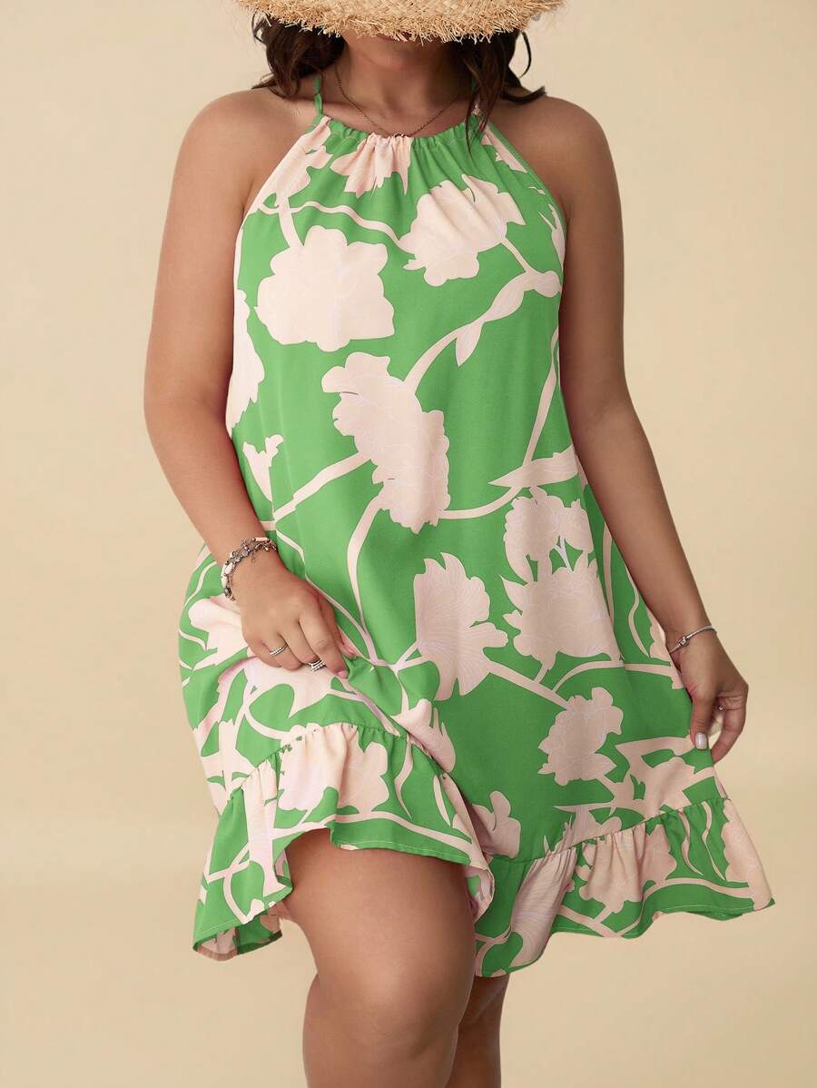 Travachic Plus Floral Print Ruffle Hem Halter Summer Dress - Green - View 1