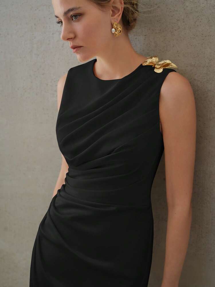 RUCHED METAL DECOR MIDI DRESS,BODYCON DRESS