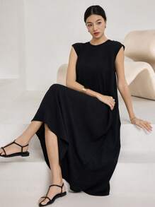 Heiryn Women's Solid Color Black Round Neck Simple Long Arabic Style Dress, Casual Vacation ,Black Dress