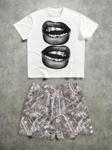 Manfinity EMRG Conjunto de camiseta gráfica con estilo callejero sexy con estampado de labios y camuflaje