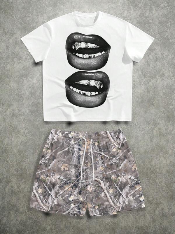 Manfinity ZONE917 Street Style Sexy Lip & Camouflage Graphic T-Shirt Set