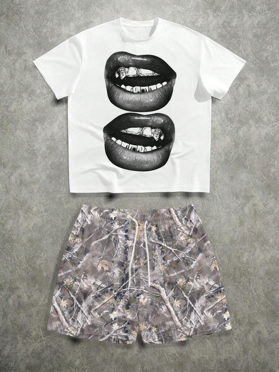 Manfinity EMRG Conjunto de camiseta gráfica con estilo callejero sexy con estampado de labios y camuflaje