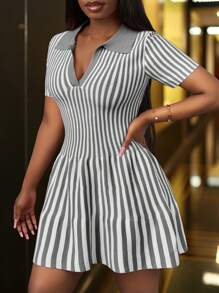 Slaydiva Abito mini elegante a righe con colletto tipo polo, nuovo per l'estate 2025, adatto per festa e shopping