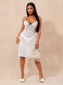 SHEIN SXY New Color Block Bowknot Splicing Sleeveless Bodycon Mini Dress For Women, Summer - Black and White - View 3