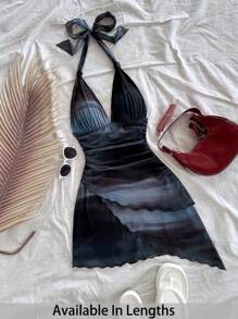 SHEIN Tall CURVE Sexy, vintage Farbverlauf-Halfter-V-Ausschnitt-Schnürkleid mit Mesh-Raffung und asymmetrischem Saum, romantisches Urlaubskleid für Damen im Sommer