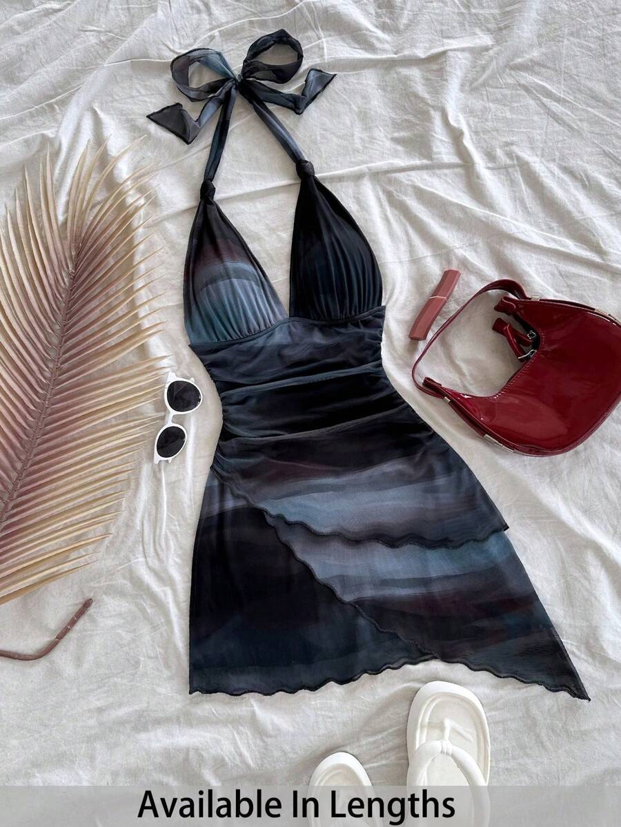 SHEIN Tall CURVE Sexy, vintage Farbverlauf-Halfter-V-Ausschnitt-Schnürkleid mit Mesh-Raffung und asymmetrischem Saum, romantisches Urlaubskleid für Damen im Sommer