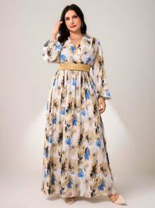 Veilorie Plus Size Women V-Neck Floral Print Dress, Suitable For Summer - Multicolor - View 1